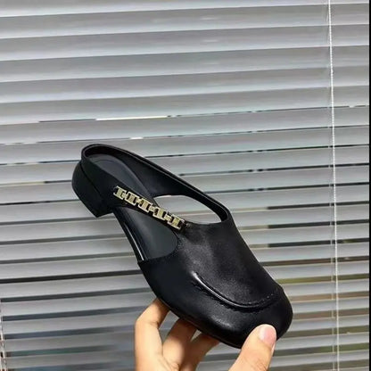 Women's Stylish Genuine Leather Mule Loafers with Metal Buckle Low Heel Slip On Flats Casual Driving Shoes