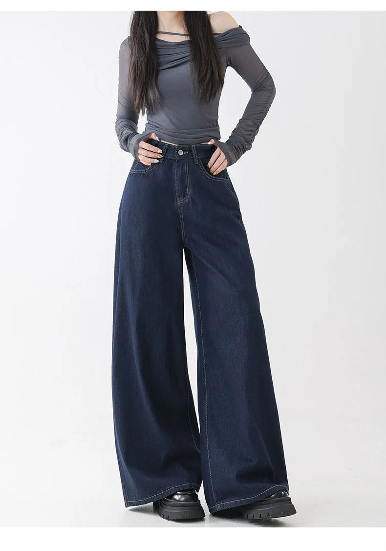 High Waist Straight Leg Loose Fit Denim Jeans Women's Floor Length Lazy Wide Leg Meat Concealing Deep Blue American Style Long P