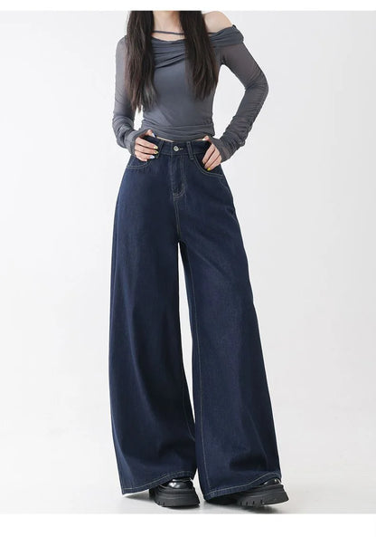 High Waist Straight Leg Loose Fit Denim Jeans Women's Floor Length Lazy Wide Leg Meat Concealing Deep Blue American Style Long P