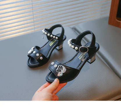 Girls Shiny Rhinestone Flowers Leather Sandals 2026 New Summer Toddler Strappy Sandals Hight Heel Soft Sole Princess Style Shoes