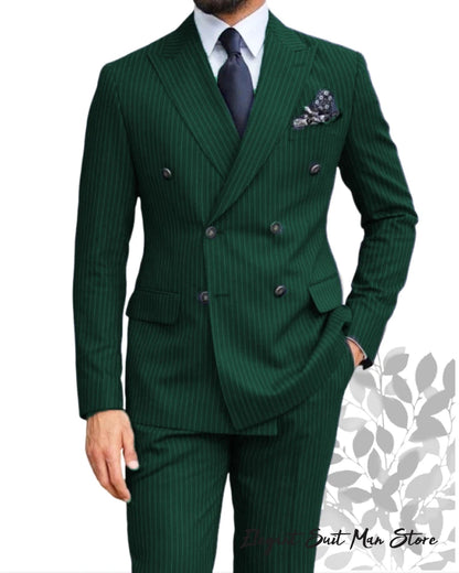 Navy Blue Men's Striped Business Suit 2-piece Set Suit Jacket Suit Pants Double Breasted Slim Fit Man Suit Groom's Wedding Suit