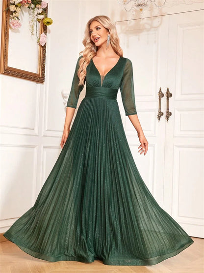 Luxury Long Sleeve Formal Evening Dress Deep V-Neck Floor-Length Gown Women 2024 Chiffon A-line Prom Cocktail Dress