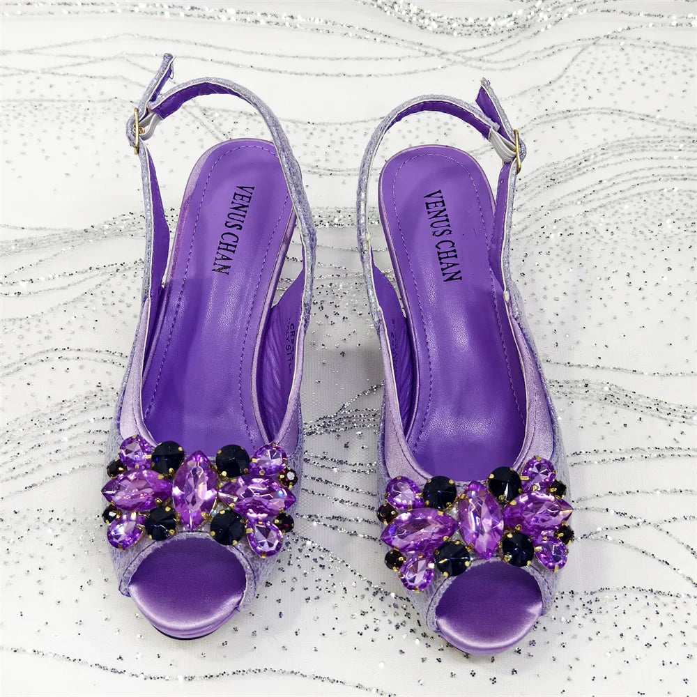 Rhinestone Design African Shoes & Bag Set in Green – Open Toe Comfortable Women's Heels