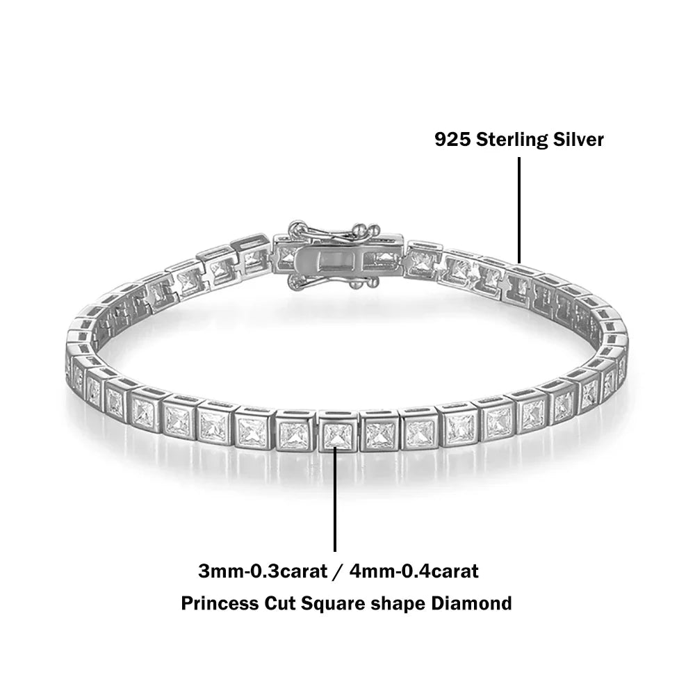 3/4mm Princess Cut  Moissanite Tennis Bracelets for Women Men 925 Silver Square Diamond Bezel Set Unisex BraceletCertified