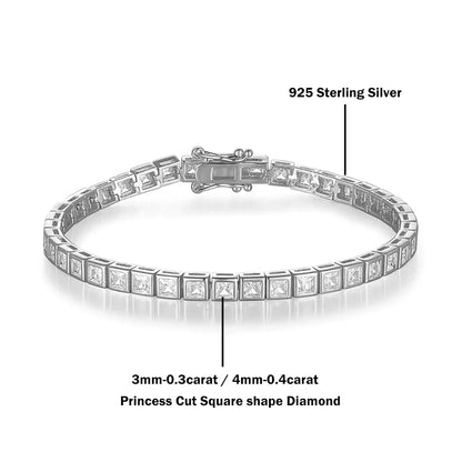 3/4mm Princess Cut  Moissanite Tennis Bracelets for Women Men 925 Silver Square Diamond Bezel Set Unisex BraceletCertified