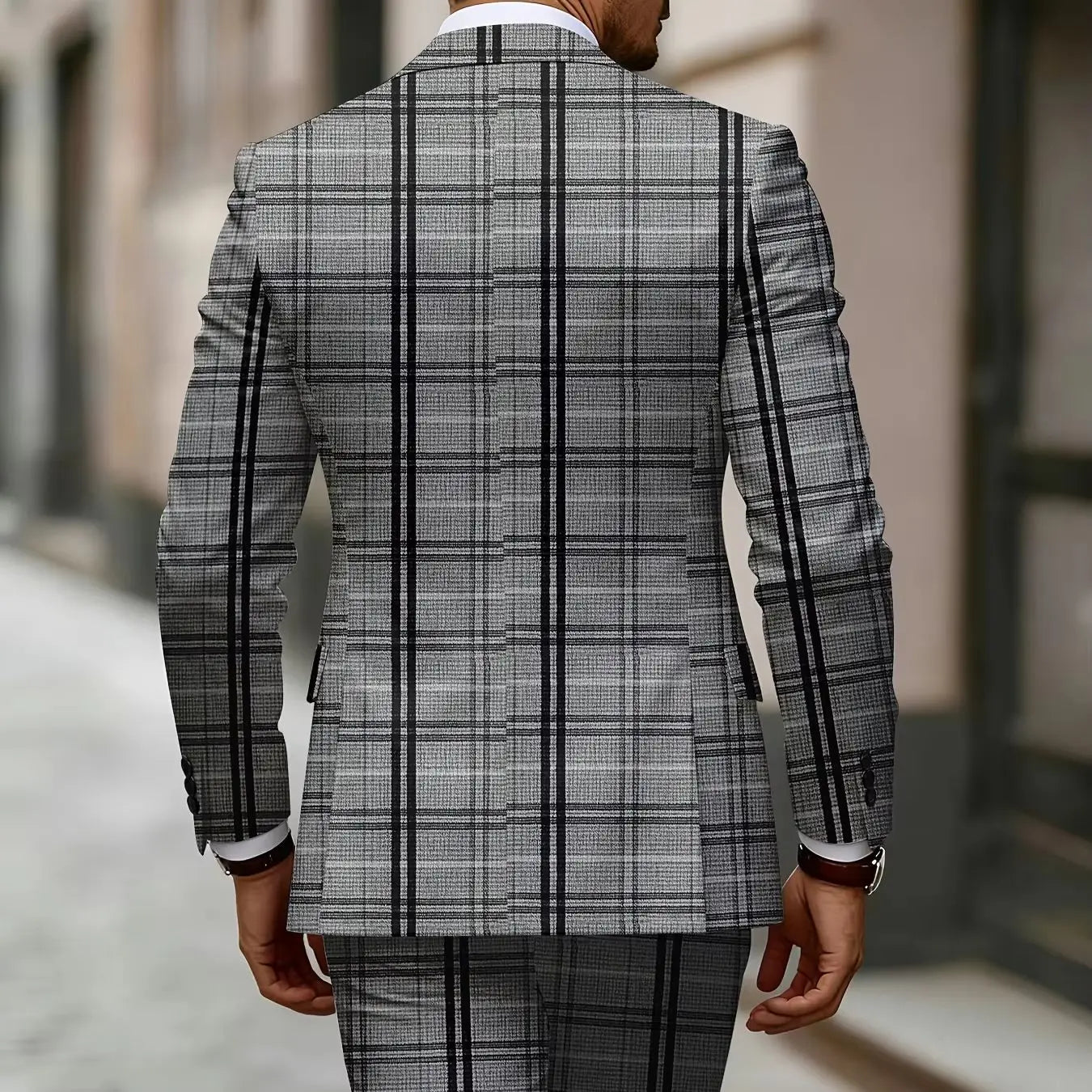 European American Style Men's Business Fashion High Quality Grey Two-Piece Suit Plaid Print Casual Style