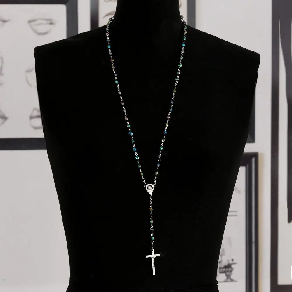 Jewelry Crucifix Charm Vintage Cross Necklace Jesus Rosary Beads Chain Virgin Mary Pendant