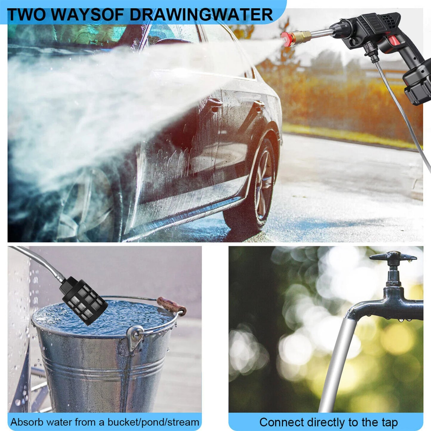 Portable Cordless Car High Pressure Washer Water Wash Cleaner Gun 26bar With 2Pcs 1200mah Battery