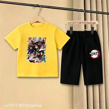 Demon Slayer Ghost Blade Character Print Kids T-Shirt Casual Shorts Anime Comic Design Summer Comfortable Daily Wear Outfit Set