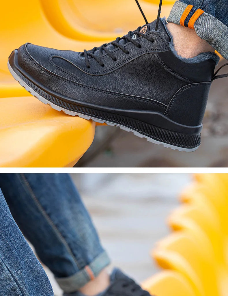 Plush Labor Protection Shoes for Winter Work Shoes Men's Anti Smashing Anti Piercing Microfiber Leather Work Cotton Safety Shoes