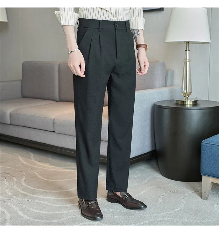 Men's Old Money Style Linen-Cotton Pleated Dress Pants – Lightweight, Semi-Elastic Waist & Wrinkle-Free for Summer