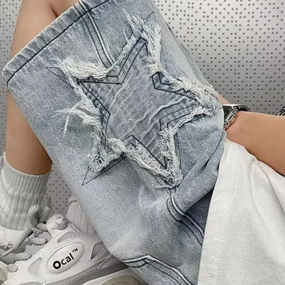 Star Patchwork Yellow Clay Color Jeans Summer Men Denim Shorts Trendy Streetwear Five-point Pants Straight Jeans Shorts