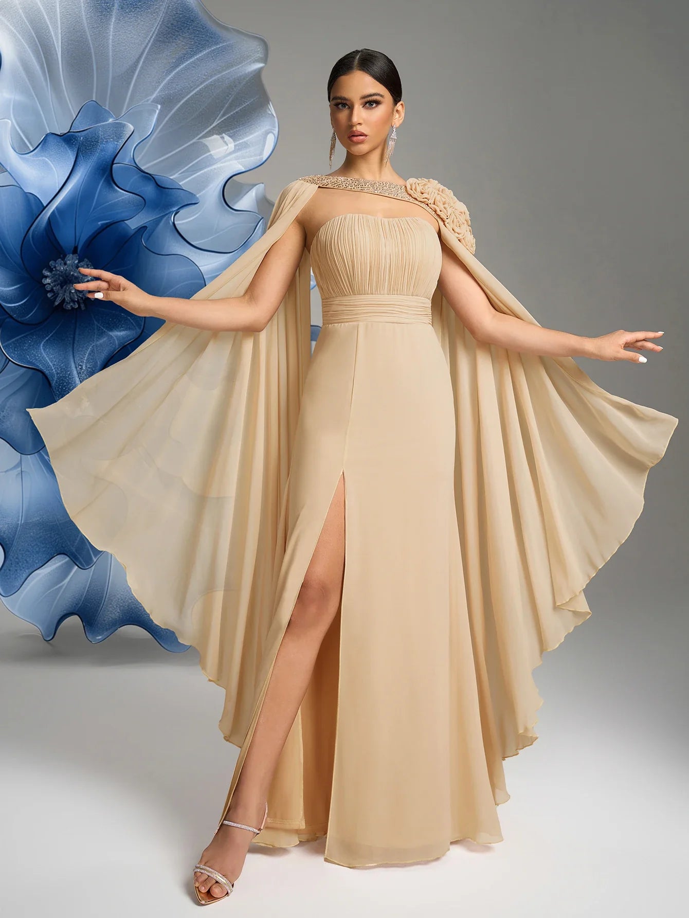 Women's Tube Top Floating Piece Sleeve Three - Dimensional Flower Slit Evening Dress