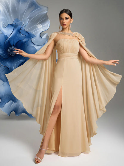 Women's Tube Top Floating Piece Sleeve Three - Dimensional Flower Slit Evening Dress