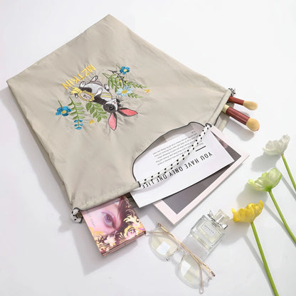 New Japanese-Style Embroidered Shopping Bag Rabbit Flower Women's Shoulder Bag Large Capacity Tote Bag Lightweight Foldable Storage Suitable for Commuting Travel Leisure Holiday Party Ethnic Style