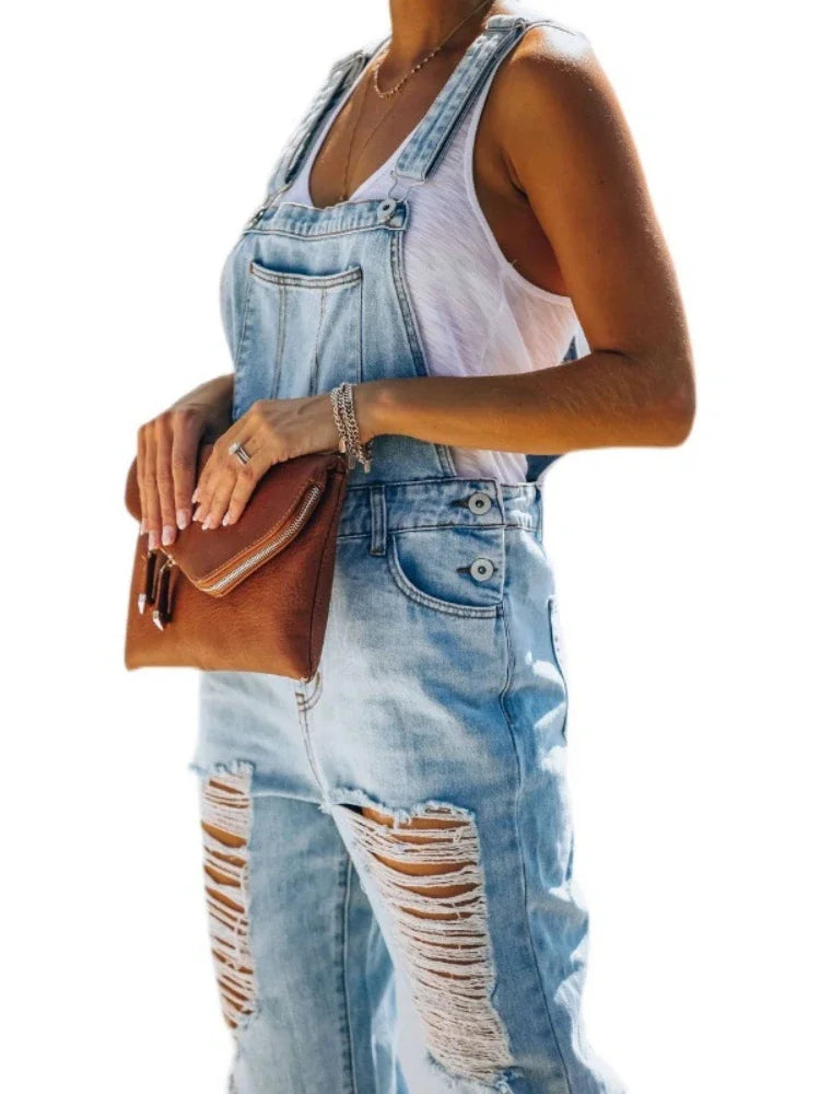 Calça Jeans de Uma Peça Suspensa Reta