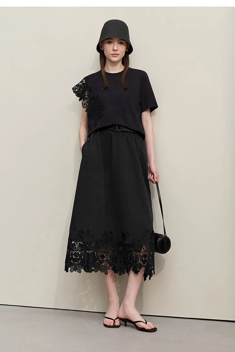 Women's Skirt 2026 Summer New Elastic Waist Cutout Lace Hem Midi Casual Loose Fit Floral Trim Skirt For Women 12622106