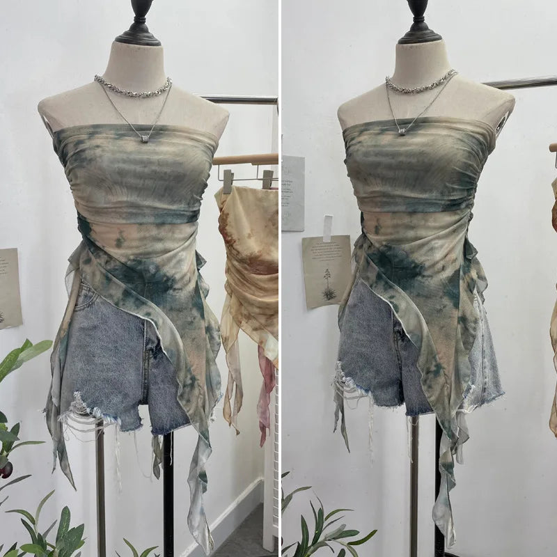 Tie Dye Summer Tops for Women Y2K Strapless Sleeveless Asymmetrical Ruffle Fishtail Ruched Stretch Mesh Vintage Clothes