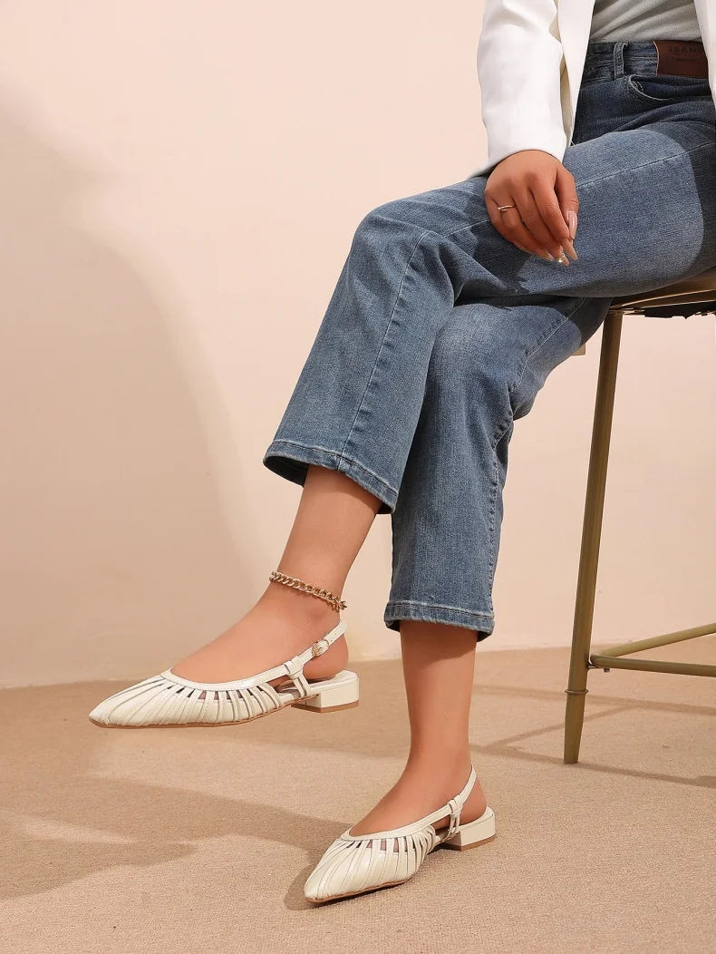 Elegant Pointed Toe Slingback Sandals for Women Summer - Pleated Mesh Low Block Heel Pumps - Adjustable Buckle Strap Dress Shoes