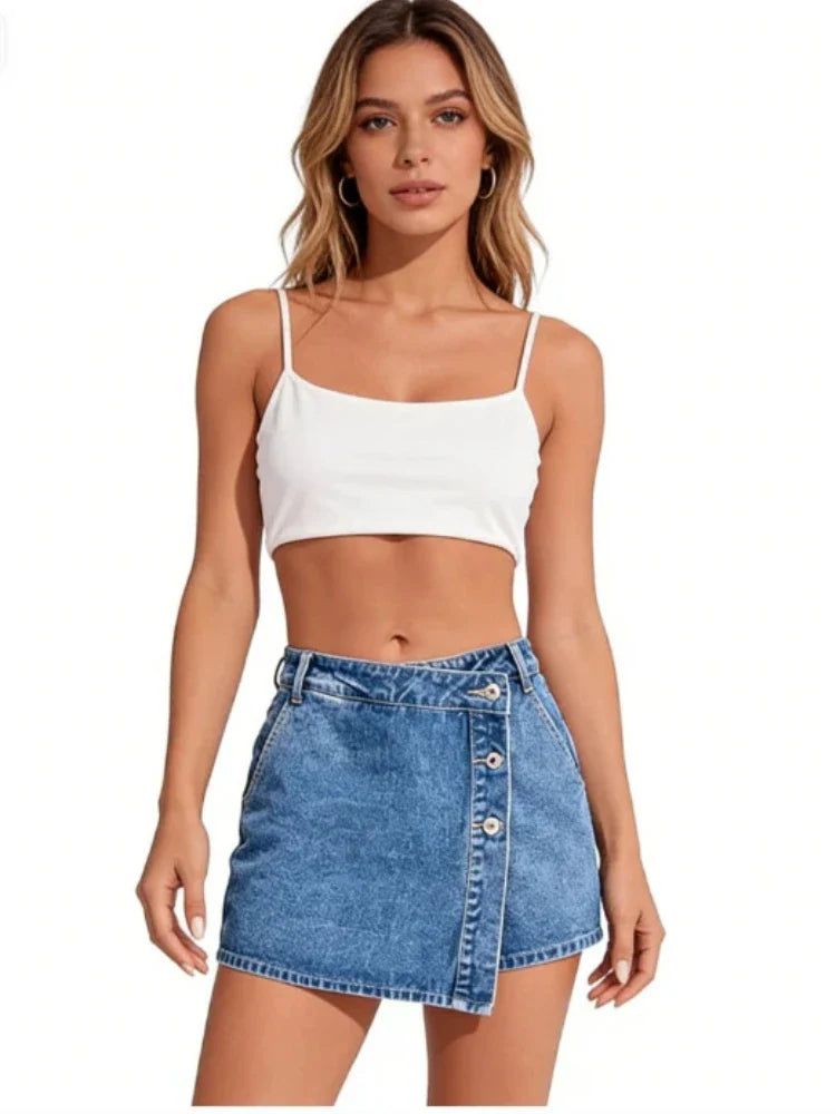 Women's High Waisted Denim Skort Asymmetric Button Detail Frayed Hem Skirt Shorts Summer Casual Streetwear Trendy Outfits