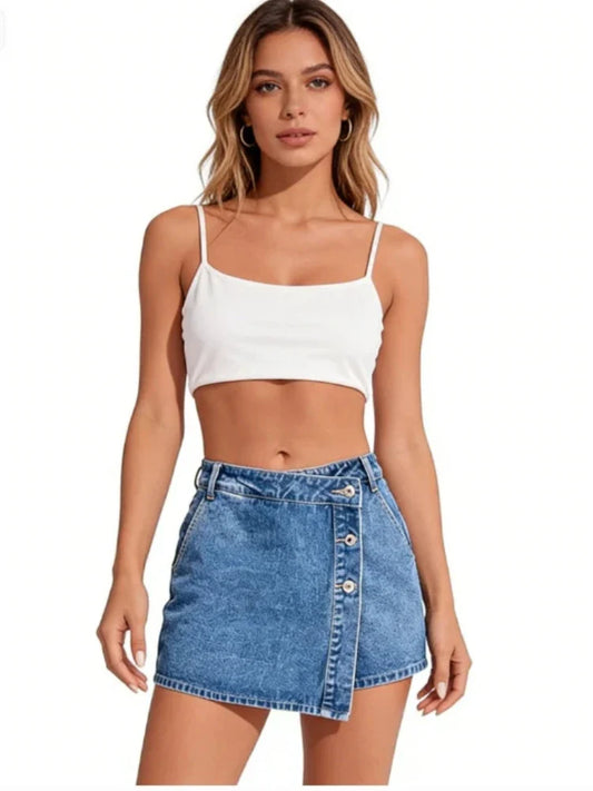 Women's High Waisted Denim Skort Asymmetric Button Detail Frayed Hem Skirt Shorts Summer Casual Streetwear Trendy Outfits