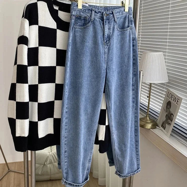 Autumn Collection High-Waisted Slimming Straight-Leg Denim Jeans Women's Loose-Fit Korean Style Ninemoth Half Pants