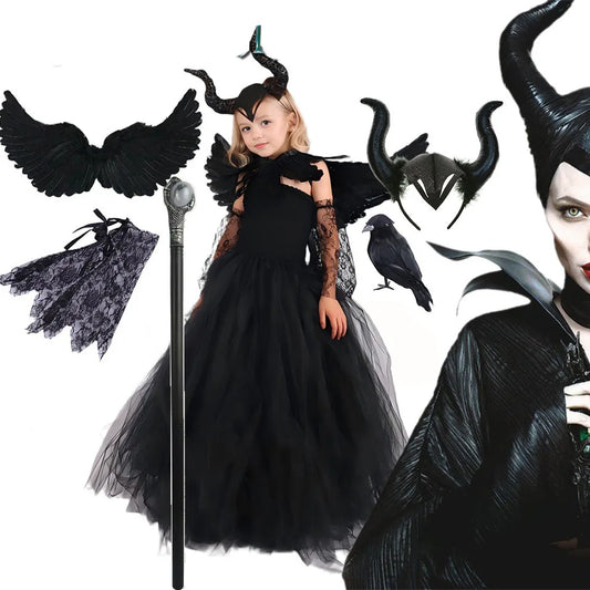 2-10Yrs Maleficent Girl Evil Queen Black Tutu Dress with Feather Scarf Halloween 2026 Villain Party Gothic Costume Gown Vestidos