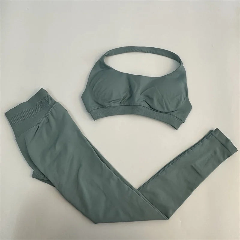 Yoga Legging Sets for Women Seamless Yoga Set Scrunch Butt Legging Set Workout Gym Suit with Halter Crop Top