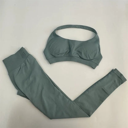 Yoga Legging Sets for Women Seamless Yoga Set Scrunch Butt Legging Set Workout Gym Suit with Halter Crop Top