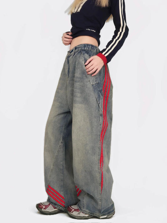 Loose Trendy Brand, Straight Striped Splicing, Casual Wide-Leg Pants