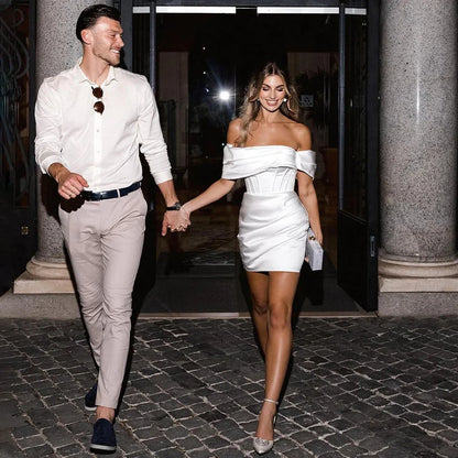 Short Wedding Dress Ivory Satin Off Shoulder Mini  Gowns for Women 2023 Bride Backless Lace-up Sheath Civil Bridal