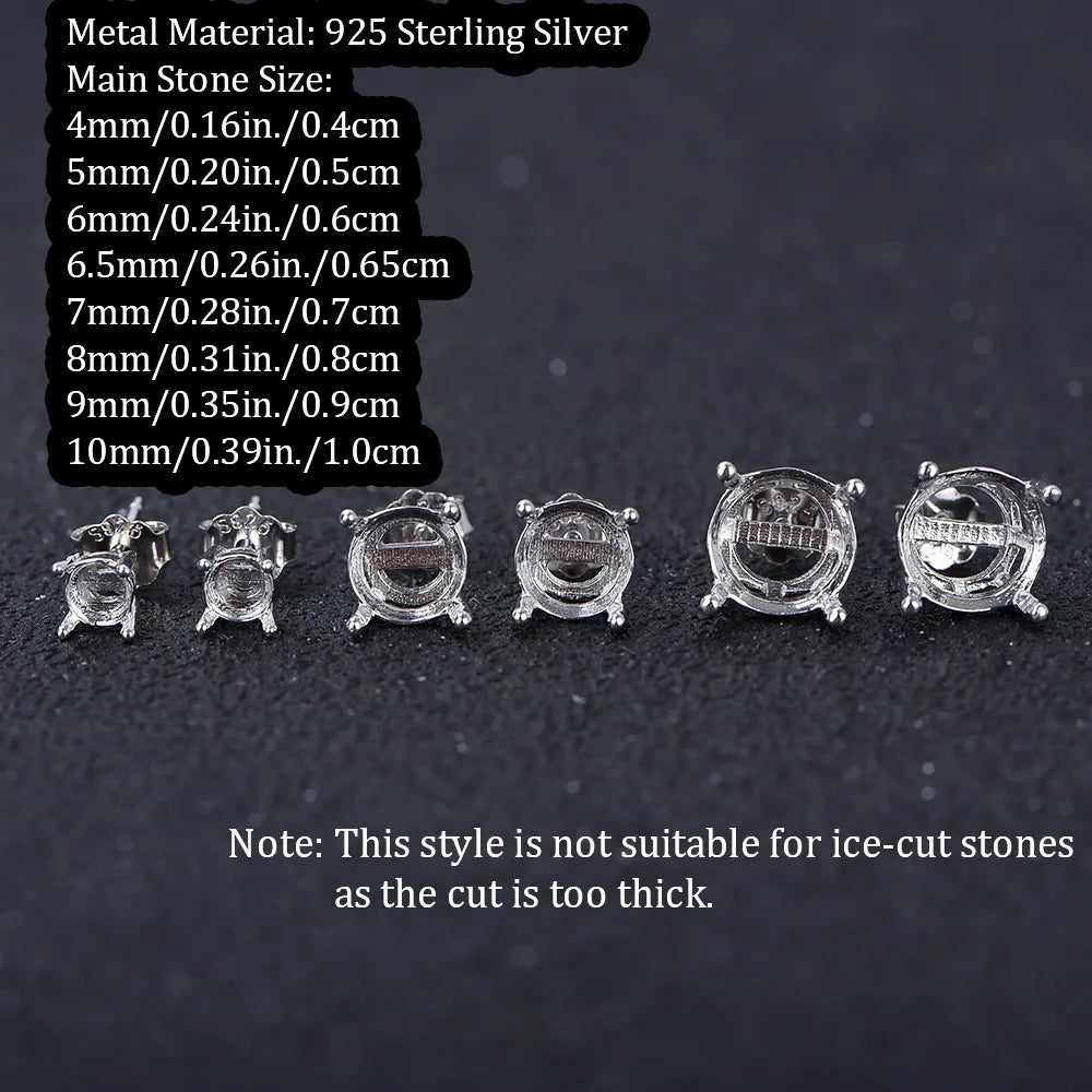 925 Silver 4-Claw Earring Settings 4mm-10mm Round Stone Holders DIY Jewelry Findings for Handcraft Earring Making