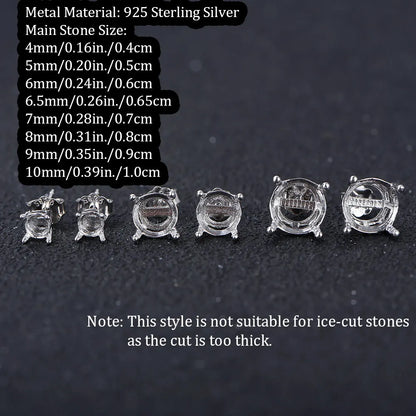 925 Silver 4-Claw Earring Settings 4mm-10mm Round Stone Holders DIY Jewelry Findings for Handcraft Earring Making