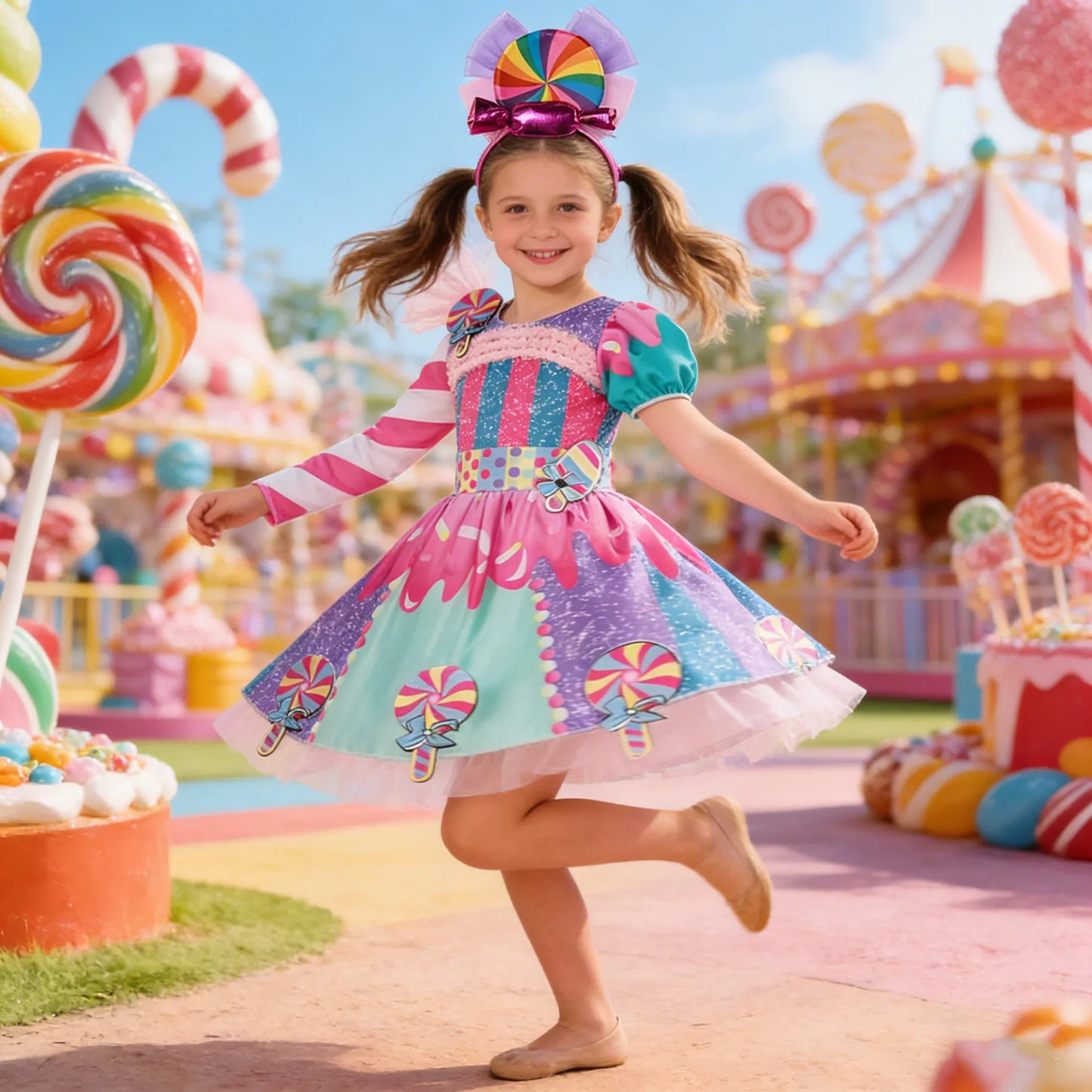 Girls Candy Fairy Lollipop Cosplay Costume Toddler Carnival Purim Rainbow Vestidos Girls Birthday Party Long Short Sleeves Dress