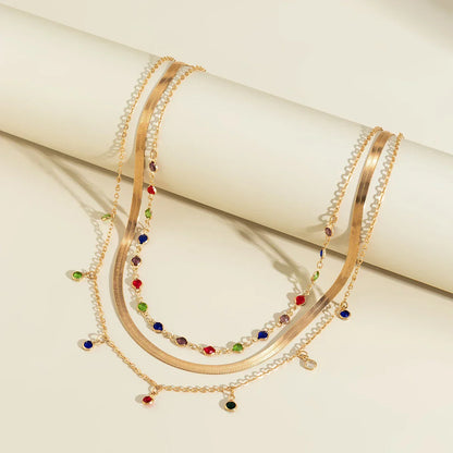 Trendy MultiLayered Color Crystal Chain Choker Necklace for Women Boho Flat Snake Chain Clavicle Short Necklace