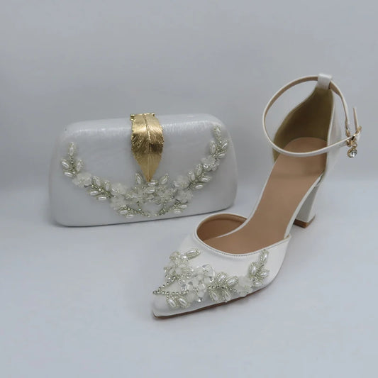 2024 White Pearl wedding shoes with matching bags High heels Pointed Toe Ankle Strap Ladies Party shoe and bag set Pearl Shoe