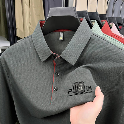 High End Brand Quality Men's Polo Shirt Autumn Exquisite Solid Color Letter Print Lapel Long Sleeve Business Classic Menswear
