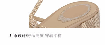 Crystal High-heeled Shoes Female 2025 New Summer Bow Rhinestone Thick Heel Sandals.