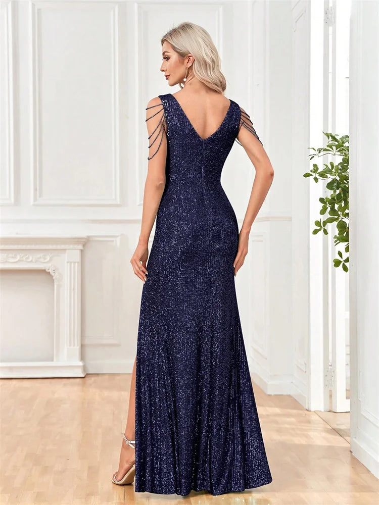 Elegant V-Neck Sequins Evening Dresses Long 2025 Luxury Women Formal Dress Wedding Party Prom Beading Cocktail Gowns