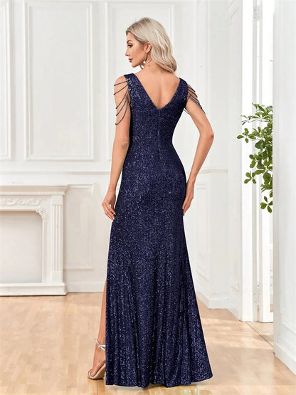 Elegant V-Neck Sequins Evening Dresses Long 2025 Luxury Women Formal Dress Wedding Party Prom Beading Cocktail Gowns