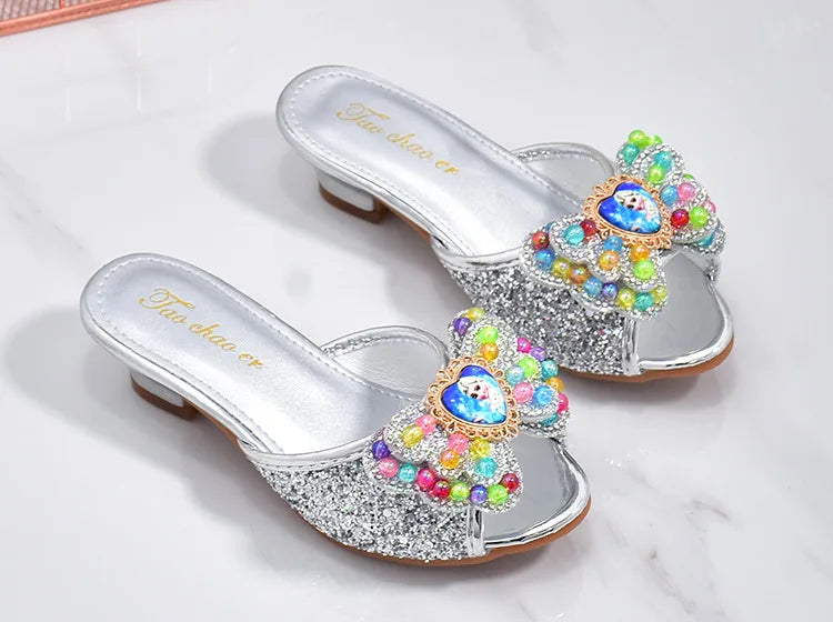 Girls High Heels Shoe Slippers Children Slippers Bow A Word Drag Sandals Soft Bottom Kids Party Wedding Performance Princes Shoe