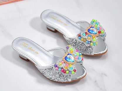 Girls High Heels Shoe Slippers Children Slippers Bow A Word Drag Sandals Soft Bottom Kids Party Wedding Performance Princes Shoe