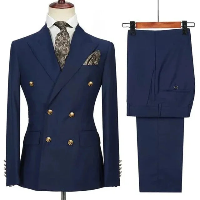 Double Breasted Men Suit Navy Blue High Quality Wedding Costume Party Prom Gold Buttons Groom Suits