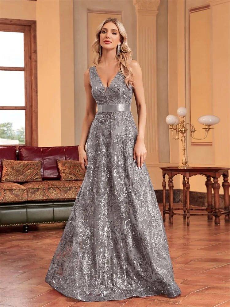 Luxury Sexy Deep V-Neck Sequins Blue Evening Dresses Women Elegant V-back Wedding Party Long Prom Cocktail Dress