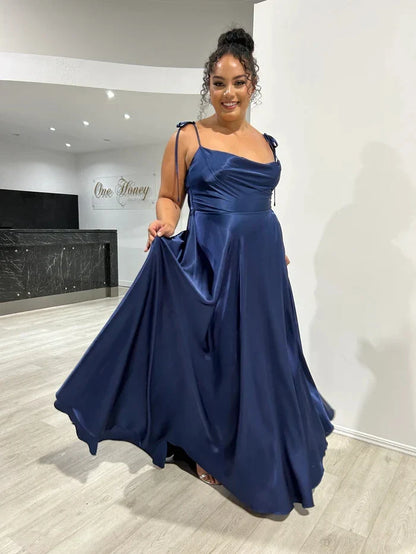 Vestido de Madrinha em Cetim, Estilo Evasê, Fenda, Decote Drapeado, 3 Estilos, com Amarrações, para Eventos Especiais, Vestido de Noite, Vestido de Formatura