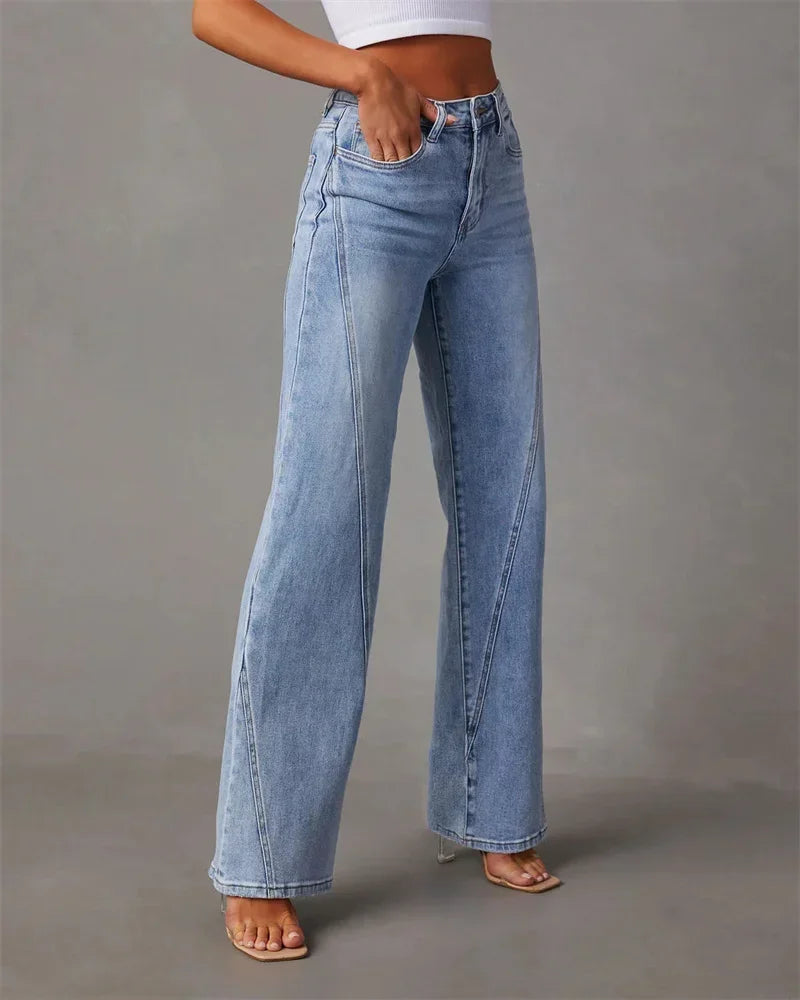 Women Mid Waist Loose Micro Flared Denim Pants