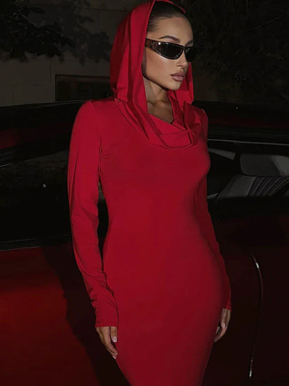 Fashion Sexy Solid Hooded Maxi Dresses Women Elegant Casual Long Sleeve Slim Bodycon Party Vestidos Robes Streetwear
