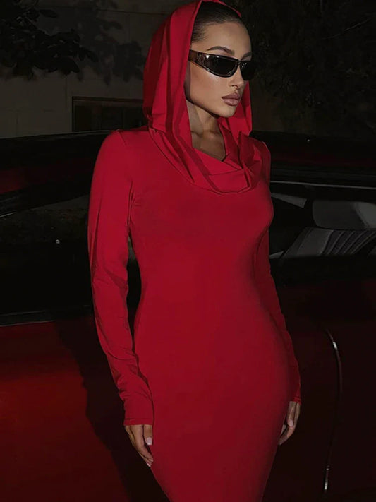 Fashion Sexy Solid Hooded Maxi Dresses Women Elegant Casual Long Sleeve Slim Bodycon Party Vestidos Robes Streetwear