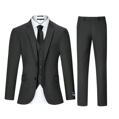 3pcs Men's Classic Solid Color Suit Set Long Sleeve Blazer with Button Details Non-Stretch Fabric Regular Fit for All Seasons
