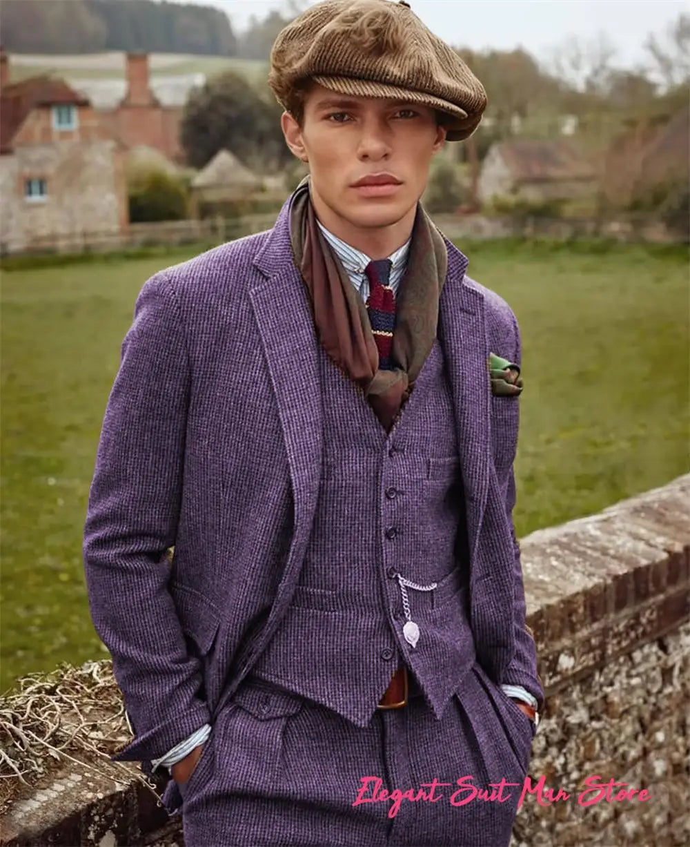 European Retro Wool Blend Men’s 3PC Suit Set Business (Jacket+Pants+Vest)Wedding Part Prom Dinner Wrok Travel Dinner Banquet